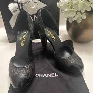 Authentic CHANEL Black & Gold Python Pumps